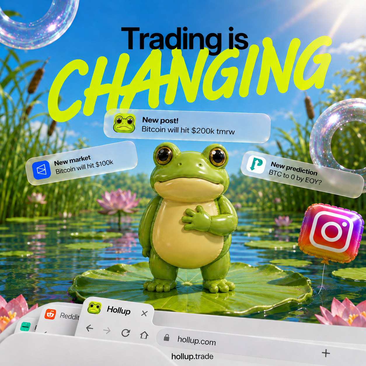 3D frog on a lily pad with floating live market notifications